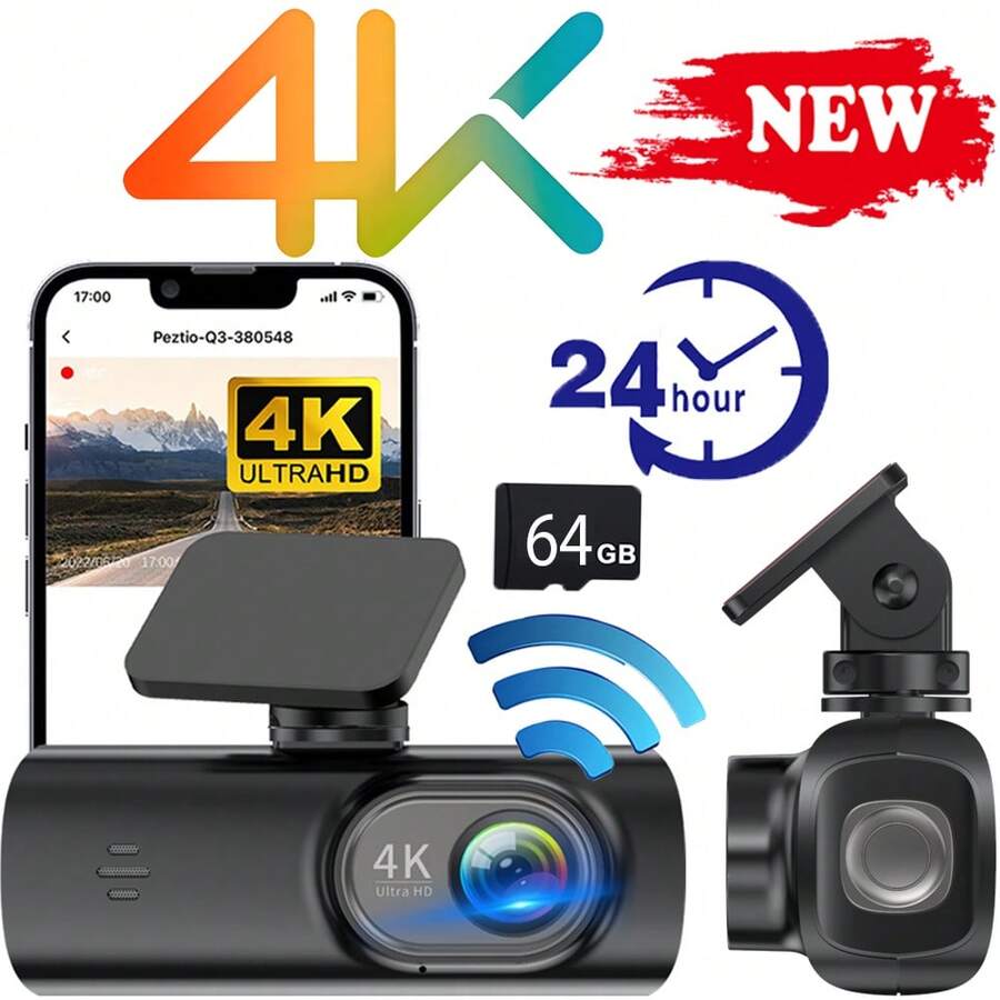 Cámara de salpicadero 4K Ultra HD WIFI, resolución de video 2160P, pantalla IPS, sensor G, ángulo de visión de 170°, visión nocturna, grabación en bucle, reconocimiento de distancia de vehículos con IA, kit de monitoreo de estacionamiento las 24 horas, equipado con memoria de alta velocidad de 64GB, compatible con hasta 256GB, control de aplicación para vehículos, cámara de para vehículos, modelo nuevo de 2025