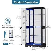 HWB Display Cabinet With Glass Doors, 71'' Tall Curio Cabinet With RGB Lights For Collectibles, LED Display Case With Removable Shelf For Book/Medal/Figure, Black - View 2