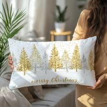 1pc Christmas Minimalist Golden Christmas Tree & Snowflake Decorative Pillow Cover, Single-Sided Soft Peach Velvet Fabric, 30*50cm/40*60cm Cushion Cover For Modern Sofa, Indoor Decor, Party Decoration, Gift