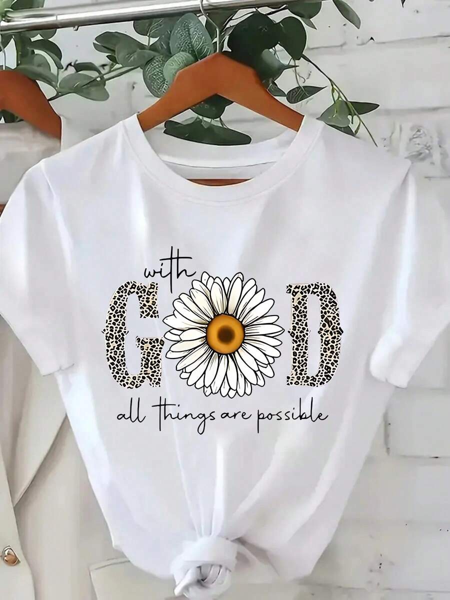 Ladies' 220g pure cotton T-shirt, printed with leopard print letters and floral patterns, floral style, soft and breathable in autumn, moisture wicking, Halloween is coming strong, recent popular T-shirt, suitable for casual wear, the best gift choice - Blanco - Ver 1