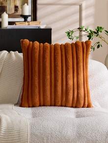 1pc Orange Textured Thick & Thin Stripe Rabbit Fur Decorative Throw Pillow Cover, Jacquard Rabbit Fur Front, Plush Fleece Reverse, Square Cushion Sham, Holiday Home Decor Pillow Case, Soft Velvet Fabric, Modern Decor For Sofa, Bedroom - Orange - View 10