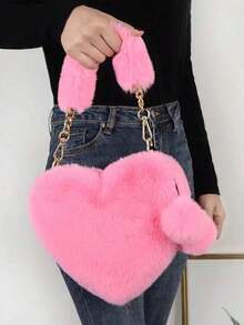 Furry Purse For Girls Heart Shaped Fluffy Handbag For Women Soft Small Shoulder Bag Clutch Purse With Metal Chain Strap, Perfect Best Funny Novelty & Gag Gifts, New Autumn And Winter Women Bag, Best Fall Purse, Perfect Valentine's Day Gift For Her, Best Valentine's Gift Choice Ever Valentines, Heart Purse, Perfectly Match With Valentine Day Dress, Perfectly Matching With Fall Outfits Women, New Arrival Fur Bag For Women - 珊瑚粉 - 查看 2