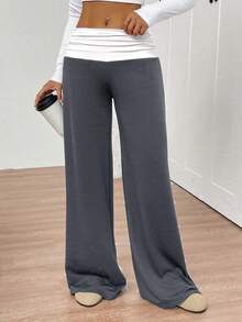 Fold Over Yoga Pants For Women Wide Leg Workout Sweatpants Y2k Striped Lounge Pants - 灰 - 查看 2