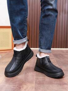 1 双男士冬季雪地靴，PU 皮革材质，防水保暖雪地靴，户外徒步中筒雪地靴 - 黑色 - 查看 5