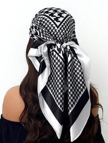 1pc Light Blue Printed 90cm Square Scarf, Casual Headscarf, Travel Sun Protection Headwrap, Party Gift