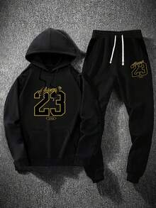 两件套加大码男士时尚运动套装，包含数字23和英文字母图案的抽绳口袋长裤和连帽卫衣，休闲百搭，适合春、秋、冬户外、街头、日常穿着。