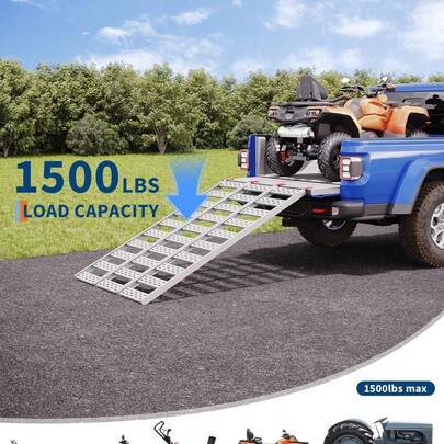 Loading Ramps - Set Of Two 50-Inch Ramps Tri-Fold Aluminum Motorcycle 1500 Lbs Capacity, Foldable With Load Straps Easily And Safely Load Or Unload Push Mowers, Garden Tillers, Aluminum Color