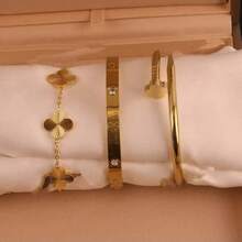 Set de 3 piezas Pulsera de acero inoxidable con trébol para mujeres, resistente a la decoloración, accesorio minimalista y de moda