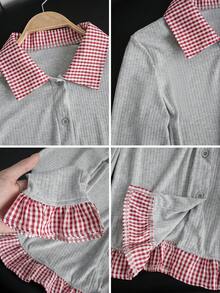 Áo thun dài tay 2 trong 1 cổ polo kẻ sọc tương phản dành cho nữ, dáng ôm, thích hợp mặc vào mùa xuân và mùa thu - hoa màu xám - Xem 7