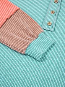 Acelitt Damen Frühlings- und Herbst Locker sitzende, runde Ausschnitt Strickbluse mit mehrfarbigem, verdrehtem Muster und Knöpfen