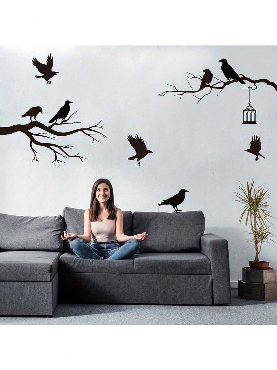 1 件装乌鸦树墙贴花鸟站在树顶墙贴鸟笼墙贴黑色墙贴客厅卧室墙壁装饰 - 彩色 - 查看 1