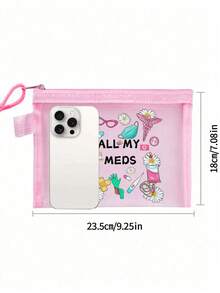 Mesh Cosmetic Bag With "All My Meds" Mesh Medicine Bag, Red Air Cushion Storage Portable Storage Bag, Makeup Bag, Skincare Bag, Travel Essentials, Dormitory Supplies, Wedding Bride Gifts, Mother's Day Gift, Birthday Gifts,Transparent Organizer For Pills & Medical Supplies, Stylish Travel Medication Pouch, Must - Have For Health Medicine Organizer Medicine Storage Bag For Travel For Outdoor First Aid Bag