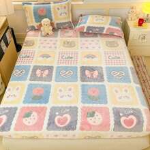 1 pieza Sábana ajustable estampada con dibujos animados, suave y cómoda, amigable con la piel y transpirable, ropa de cama de moda y fresca, protector de colchón, adecuado para hotel, dormitorio, dormitorio, todas las estaciones - Rosa - Ver 3