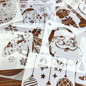 12PCS Christmas Stencil Set For DIY Crafts, Reusable Wooden Templates For Painting, Wall Art, Graffiti, Festive Creative Decoration, Plastic Stencils For Holiday Crafting