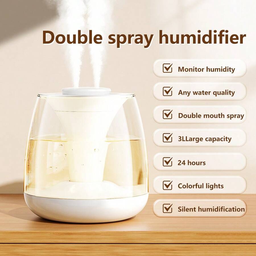 3L Large Capacity Dual Mist Humidifier, Quiet Operation With Night Light, USB Powered, Smart Real-Time Humidity Monitoring, High Mist Output For Large Rooms, Suitable For Christmas, Halloween, Holiday Gifts & Decor
