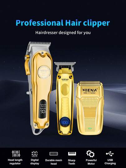 HINEA HIENA 3-In-1 Professional Cordless Grooming Kit, Includes Gold Electric Hair Clipper, Shaver, Trimmer - KM-2299, Stainless Steel Blades, Personal Care Set, Luxury Gift Box