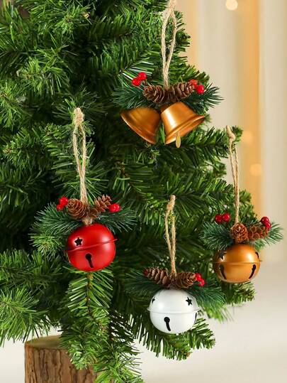 4 Stücke Weihnachts-Themen Tannenzapfen Glocken Anhänger, exquisite handgefertigte Metall Weihnachtsglocken Anhänger mit Tannenzweigen, Tannenzapfen und Beeren, perfekte Dekoration für Weihnachts- und Neujahrsfeiern, geeignet zum Aufhängen am Weihnachtsbaum, Geschenkverpackung