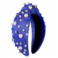 Pearl Knotted Headband For Women Football Game Day Pearl Rhinestone Jeweled Hairband Team Spirit Football Sports Fashion Ladies Wide Headband Game Day Sports Hair Accessories - 藍B - 查看 2