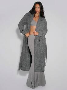 TypaGal Gray Herringbone Double-Breasted Longline Coat, Fall Autumn Winter Casual Sporty Chic Modern Going Out Elegant Ladies Double Button, Pocket Drop Shoulder Lapel Loose Black And White Viscose Plain Women Overcoats, Casual Daily Wear Thickened Warm