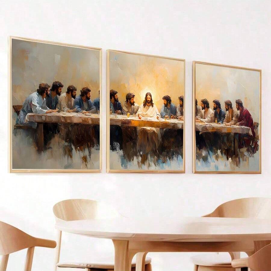 Conjunto de 3 quadros sem moldura "Última Ceia" - Arte de parede "Última Ceia", Pintura "Última Ceia", Pôster "Última Ceia", Impressão "Última Ceia", Pintura de Jesus - Arte bíblica, Adequado para uso interno em escritórios, salas de aula, cozinhas e quartos - Multicolorido - Ver 1