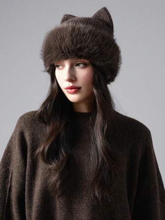 1顶女士秋冬新款可爱猫耳针织帽，渔夫帽，保暖针织帽，韩版休闲宽松帽，彩色条纹蓬松保暖耳罩针织帽，适合户外散步、购物、日常穿着，冬季装备