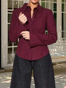 Womens Button Down Shirts Long Sleeve Stripes Print/Solid Color Slim Fit Tops Work Blouse - Burgundy - View 1