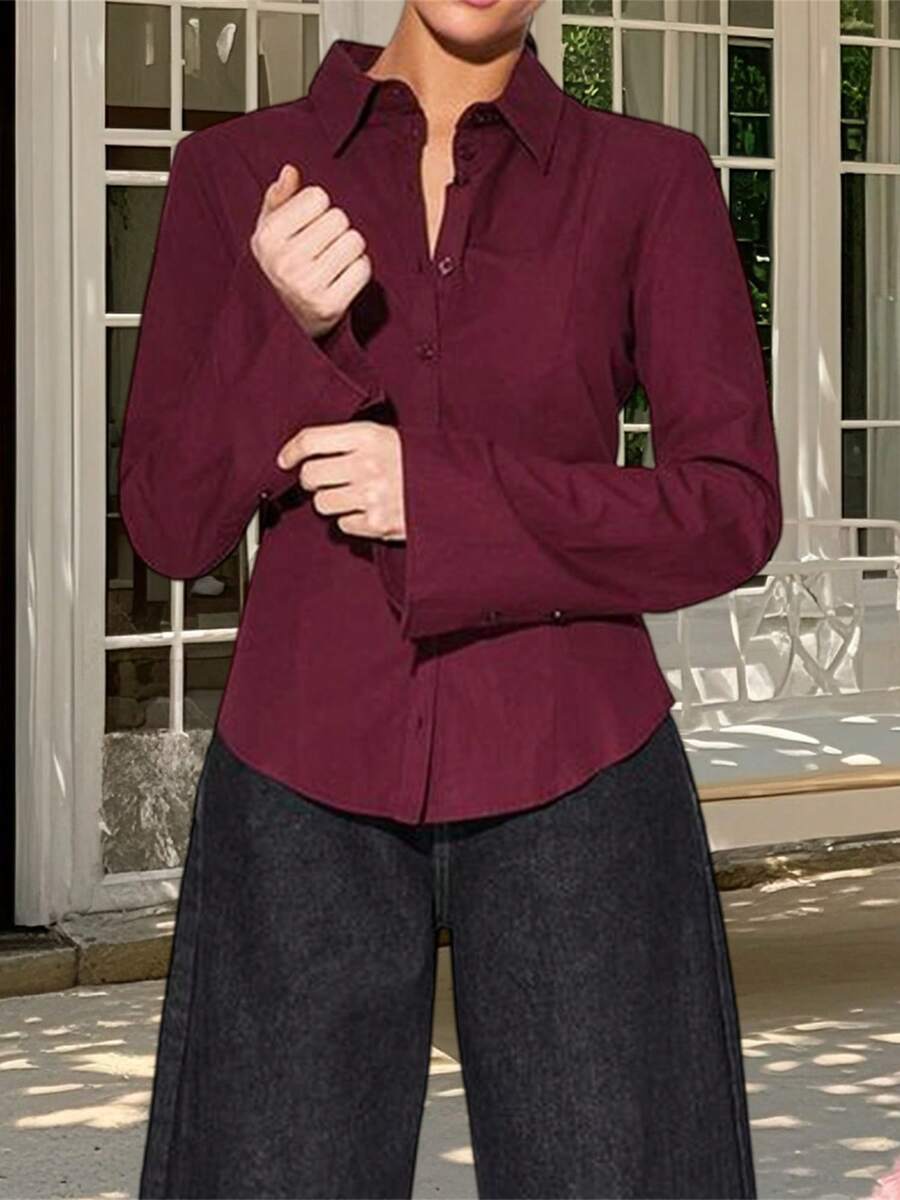 Womens Button Down Shirts Long Sleeve Stripes Print/Solid Color Slim Fit Tops Work Blouse - Burgundy - View 1