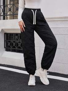 Lässige, sportliche und bequeme Loungewear & Street-Chic Stil schwarze Hose mit geripptem, strukturiertem Muster, perfekt für den täglichen Wintergebrauch, Gym-Workouts, Outdoor-Jogging, Regentags-Erledigungen - Schwarz - Übersicht 5