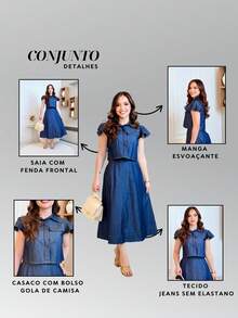 Women's Denim Set With Shirt Collar Cardigan And Midi Skirt With Front Slit. Sizes S To XL. Modern And Elegant. Modest Fashion. - 藍色 - 查看 8