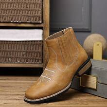 Men's Westem Fabric Chelsea Boots With Square Toe AndBare Fabric Boots,Casual Vintage Fashion Brown Boots