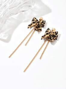 1 par de nuevos y elegantes pendientes largos con lazo y borlas de estampado de leopardo, diseño minimalista para otoño/invierno