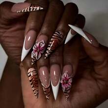 Stiletto Press On Nails Long Fake Nails Brown Glue On Nails 3d Texture Flower Handmade Acrylic Nails 24Pcs Coquette Almond False Nails Manicure French Tip Full Cover Stick On Nails - 多色25 - 查看 2