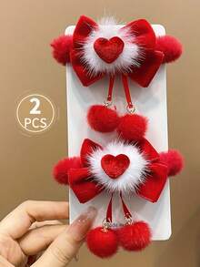 2pcs Christmas Cute Plush Bow Headband With Heart Pendant And Elastic Hair Band - Red & White Fluffy Hair Clips, Valentine's Day, Christmas, Birthday Party Accessories - Soft Stretchy Adult Headband - Multicolor - View 7