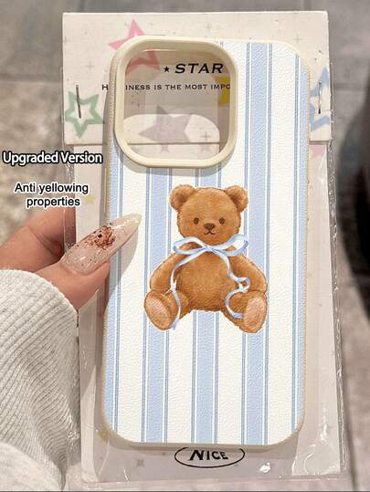 Bear 1pc Fashionable Summer Limited Edition Pink Vertical Stripe 2-Piece Swimsuit Pattern Lychee Texture TPU Waterproof Anti-Fall Anti-Slip Soft Phone Case Compatible With Apple/ Phones