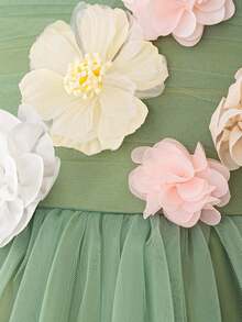 Young Girls' Sleeveless 3D Floral Mesh Tulle Elegant Flower Girl Dress For Wedding, Party, Vacation, Excluding Headband - 綠色 - 查看 8