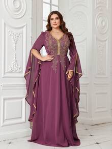 UNITHORSE Women V-Neck Sequin Patchwork Chiffon Extra Long Sleeve Fitted Maxi Evening Dress - Red Violet - View 4