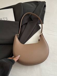 1pc PU Solid Color Zipper Crescent Underarm Bag, Fashionable Retro Shoulder Bag, Suitable For Office Ladies, Versatile Use - Khaki - View 6