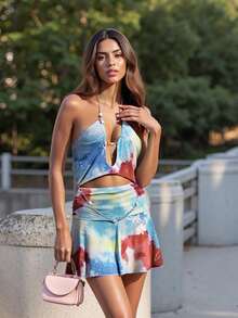 Women Y2k Sexy Mini Dress Boho Short A-Line Dress Summer Beach Vacation Clothes Outfits Hollow Out Metal Buckle Chain Halter Dress Backless Dress Ruffle Hem Dress Holiday Bohemian Clothes - 藍色 - 查看 4