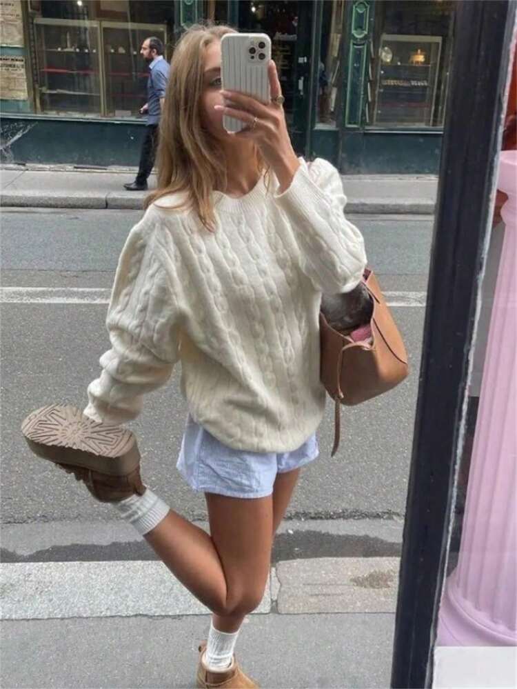 1pc Girls/Teens' Casual Loose Fit Comfortable Fashionable Outdoor Cable Knit Thick Long Sleeve Sweater, Suitable For Spring, Autumn, Winter