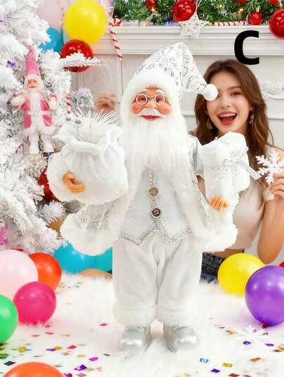 1 pieza Muñeco de Papá Noel de 14 pulgadas hecho a mano, con atuendo blanco y plateado, con bolsa de regalo y presente, ideal para escritorio de oficina en el hogar, decoración de fiesta de Navidad, decoración navideña del hogar, decoración de escena, figura de Papá Noel