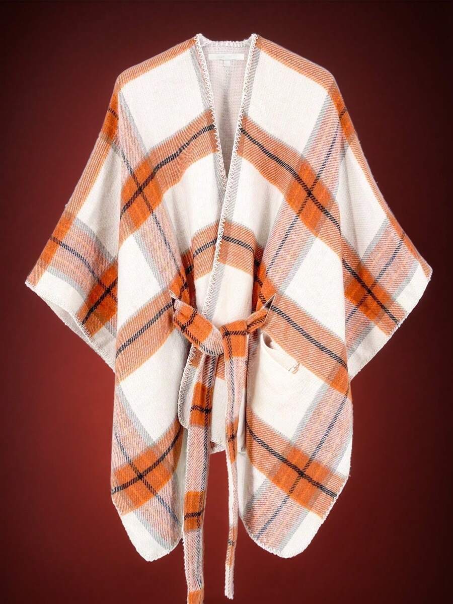 Beautiful Nomad Poncho cardigan casual a cuadros para mujer, otoño/invierno