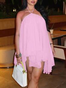 Đầm ngắn không tay, dây mảnh, hở lưng dành cho nữ, kiểu dáng gợi cảm, thanh lịch, thích hợp cho công sở, đi làm và đi nghỉ mát, màu hồng mùa hè. - Hồng - Xem 2