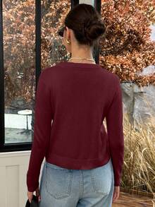 FOR BEAUTY Spring Round Neck Long Sleeve Knit Sweater, New Metal Button Fashionable Commuter Sweet Solid Color Cardigan, Versatile Casual Daily Knitwear - Burgundy - View 8