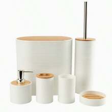 4/6pcs Bamboo Bathroom Set, Includes Toilet Brush, Rinse Cup, Toothbrush Holder, Soap Dish, Trash Can And Lotion Bottle. Exquisite And Elegant, Suitable As Gifts For Various Occasions. Bathroom Accessories Bathroom Tools - Multicolor - View 9