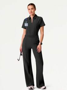 Women's V-Neck Short Sleeve Multi-Pocket Elastic Waist Pants Scrubs Nurse Scrubs Workwear Dentist Healthcare Pet Hospital Laboratory Scrub Set Black Spring - Black - View 1