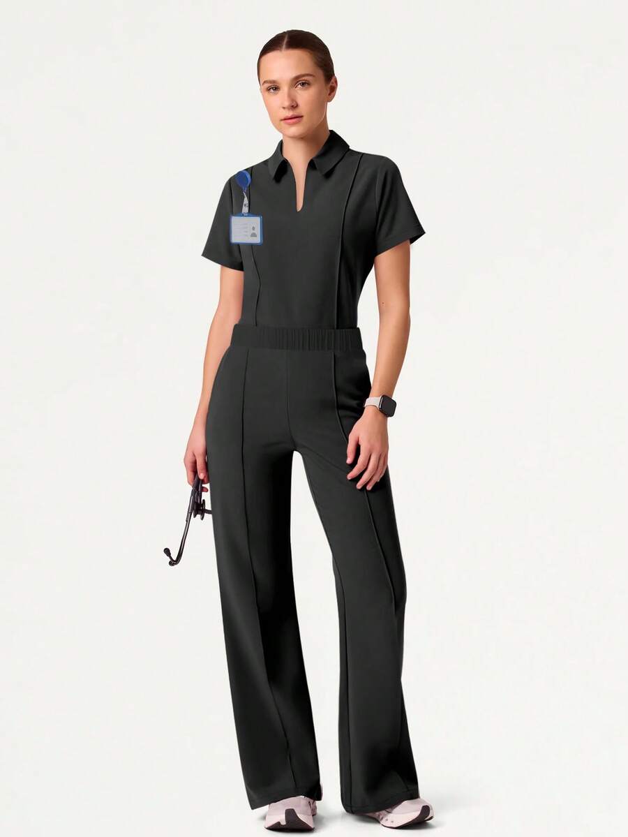 Women's V-Neck Short Sleeve Multi-Pocket Elastic Waist Pants Scrubs Nurse Scrubs Workwear Dentist Healthcare Pet Hospital Laboratory Scrub Set Black Spring - Black - View 1
