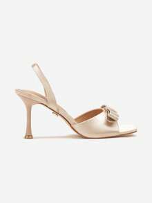 Eleganti sandali con tacco in raso con fiocco e strass - da donna per eventi serali, feste e matrimoni - Beige - Visualizzare 3