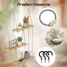 Tomnk Estantes colgantes de 3 niveles para pared, decoración de habitaciones, decoración de pared bohemia, estante flotante para plantas, organizador de madera rústica con cuerda, colgador de almacenamiento para el hogar, dormitorio, cocina y baño. - Multicolor - Ver 4