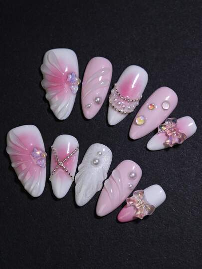 10pcs Almond Baroque Princess Style Nail Art Design White And Pink Blush Color 100% Handmade Press On Nails With Petal Pattern And Bow Nail Decoration Manual Nails False Nail Tips Reusable DIY Nail Beauty Products For Four Season Nail Supplies