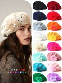 1pc Women Double Flower Casual Knitted Beret Hat, Fashionable Versatile Solid Color Cap - Multicolor - View 13